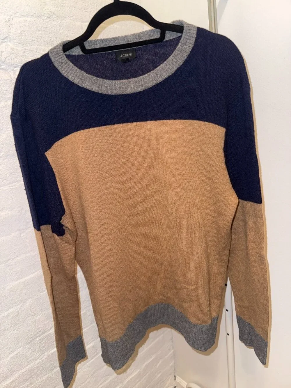 J.Crew Mens Large Colorblock Knit Crewneck Sweater Navy Tan Grey